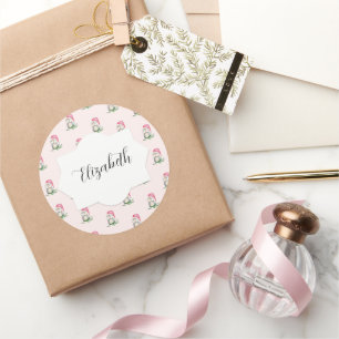 Roze Knuffel Uil Waterverf Patroon Met Initialen Ronde Sticker
