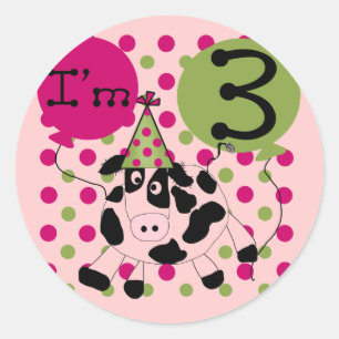 Roze Koe 3e verjaardag overhemden en cadeaus Ronde Sticker