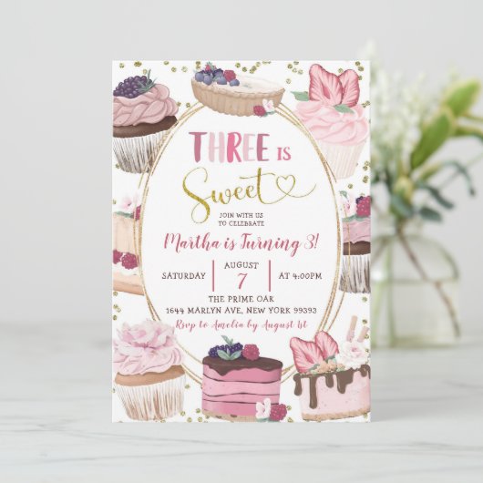 Roze koekjes 3e verjaardag uitnodiging (Staand voorkant)