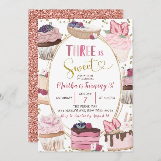 Roze koekjes 3e verjaardag uitnodiging (Voorkant / Achterkant)