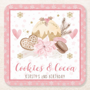 Roze Koekjes en Cacao 2e Verjaardag Vierkante Kartonnen Onderzetter