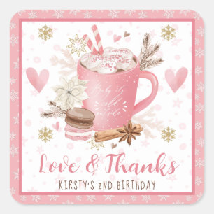 Roze koekjes en cacaoverjaardagsfeest favorietje vierkante sticker