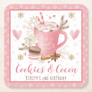 Roze Koekjes en Chocolademelk 2e Verjaardag Vierkante Kartonnen Onderzetter