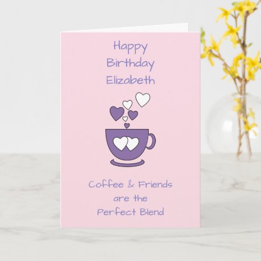 Roze koffie en vriendelijke feestdag kaart (Gele Bloem)