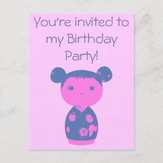 Roze Kokeshi Blue Birthday Party Invitation Kaart