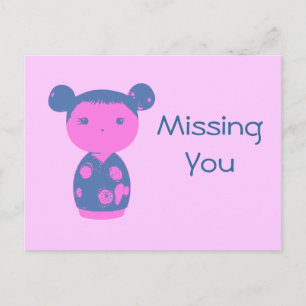 Roze Kokeshi Blue Briefkaart