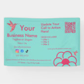 Roze kolibrie QR Code Turquoise Business Banner (Horizontaal)