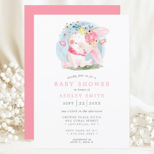 Roze Konijn Bloem Vlinder Waterverf Baby Shower Kaart