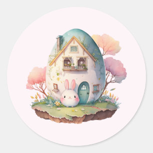 Roze konijn & ei gevormd huis kawaii stijl ronde sticker