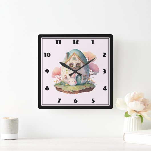 Roze konijn & ei gevormd huis kawaii stijl vierkante klok (Huis)