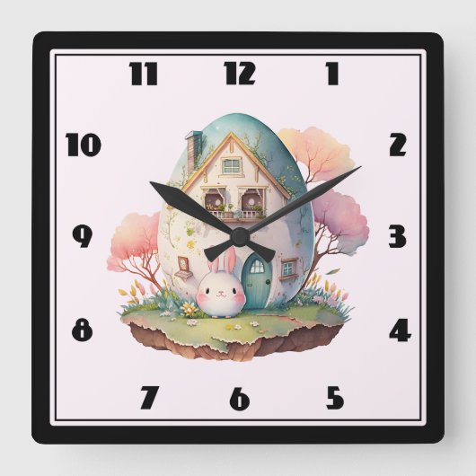Roze konijn & ei gevormd huis kawaii stijl vierkante klok (Voorkant)