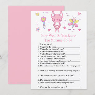 Roze konijn HOE GOED WEET JE baby shower spel? Kaart