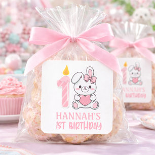 Roze Konijn Kaars Meisjes Eerste Verjaardag  Vierkante Sticker