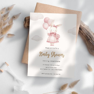 Roze konijn met ballonnen Baby shower uitnodiging
