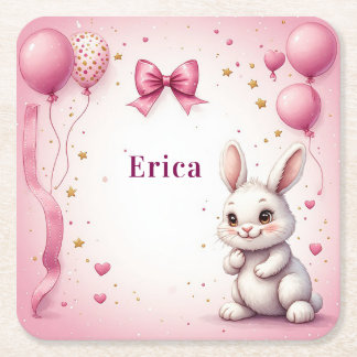 Roze Konijn Verjaardagsballon 🐰 Vierkante Kartonnen Onderzetter