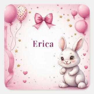 Roze Konijn Verjaardagsballon 🐰 Vierkante Sticker