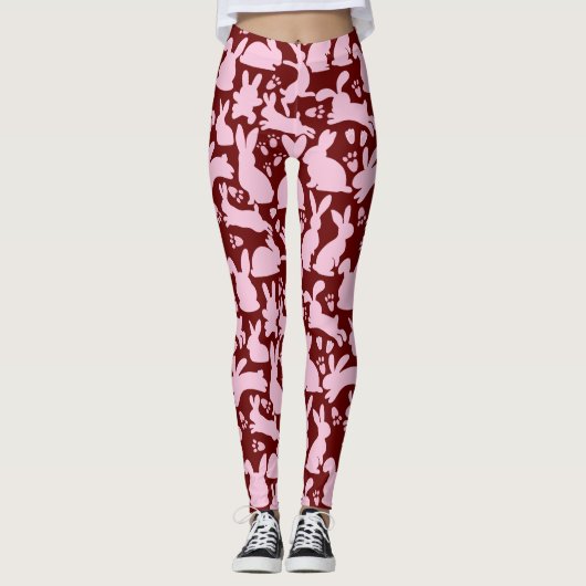 Roze Konijnen Patroon D Rood Leggings (Voorkant)