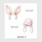 Roze Konijnenoren Wimpers Sticker (Vel)