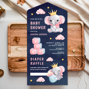 Roze Koningin Olifant Meisje Navy Blauwe Baby Show All In One Uitnodiging