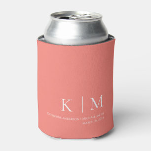 Roze Koraal en Wit-Monogram-Bruiloft- Blikjeskoeler
