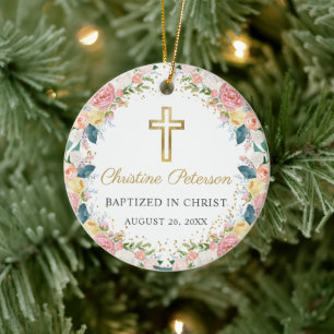 Roze koraal - Floral - meisje Baptism Gold Gross F Keramisch Ornament
