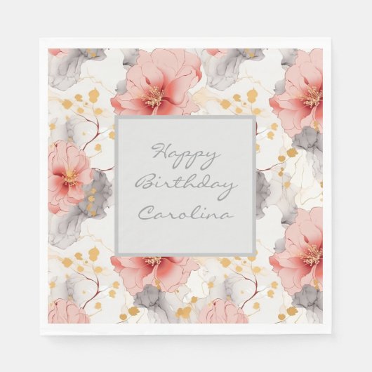 Roze Koraal Grijs Bloemige Verjaardag Servet (Voorkant)