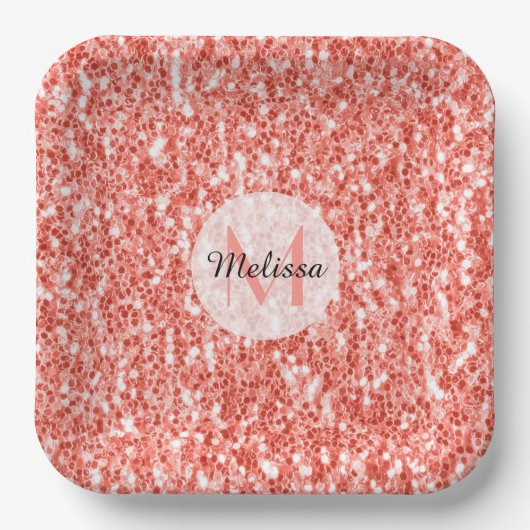 Roze koraal licht pastel sparkles Monogram Papieren Bordje (Voorkant)