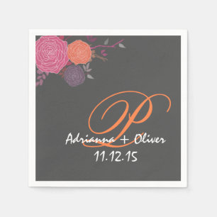Roze Koraal Mauve Bloemen Huwelijk Monogram Grijs Servetten