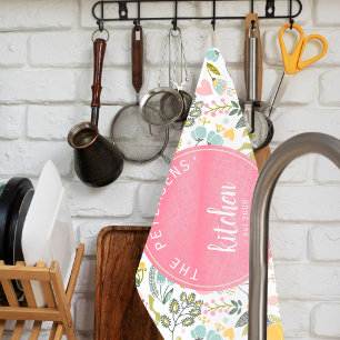 Roze Koraal Pastel Waterverf Bloemen Familienaam Theedoek