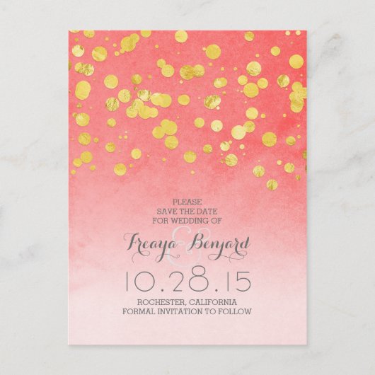 Roze koraal Save the Date & Goud glitter confetti Aankondigingskaart (Voorkant)