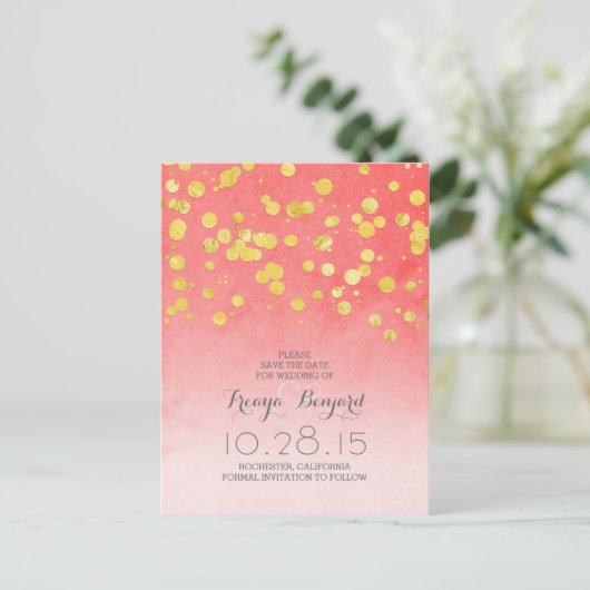Roze koraal Save the Date & Goud glitter confetti Aankondigingskaart (Staand voorkant)