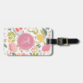 Roze koraal Waterverf Floral Pattern Monogram Naam Bagagelabel (Voorkant horizontaal)