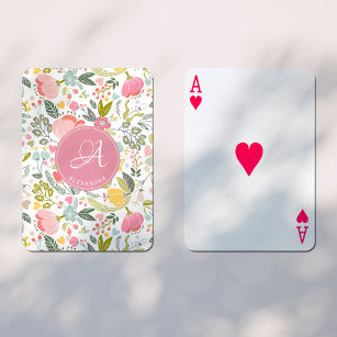 Roze koraal Waterverf Floral Pattern Monogram Naam Pokerkaarten