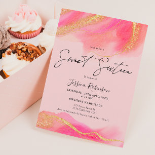 Roze koraal waterverf goudglitter foto Sweet 16 Kaart
