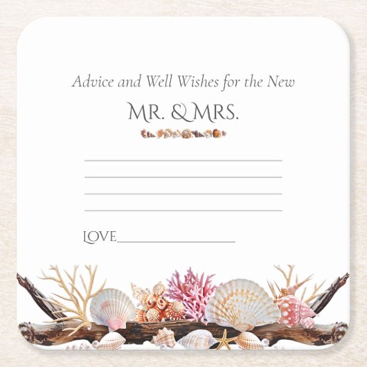 Roze Koraal Zee Schelpen Parels Zeesterren Drijfh Vierkante Kartonnen Onderzetter (Voorkant)