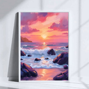 Roze Koraal Zonsondergang Oceaan Golven Waterver Poster