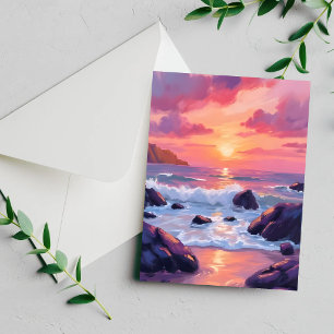 Roze Koraal Zonsondergang Oceaangolven Watercolo