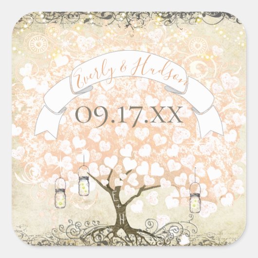 Roze koraalril Heart Leaf Tree Weddenschap Vierkante Sticker (Voorkant)