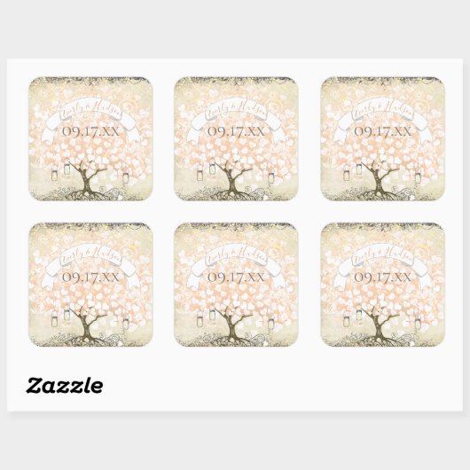 Roze koraalril Heart Leaf Tree Weddenschap Vierkante Sticker (Vel)