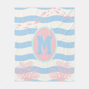 Roze Koraalvis Monogram Kust Blauw Baby Fleece Deken