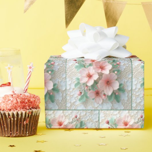 Roze Kosmos Bloemen op Witte kant Cadeaupapier (Verjaardagsfeest)