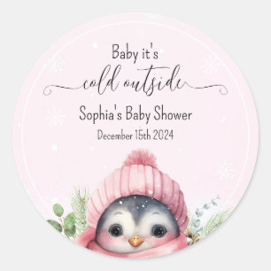 Roze Koude Buiten Pinguïn Winter Baby shower Ronde Sticker