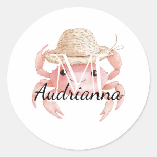 Roze Krab met Hoed Monogram Ronde Sticker