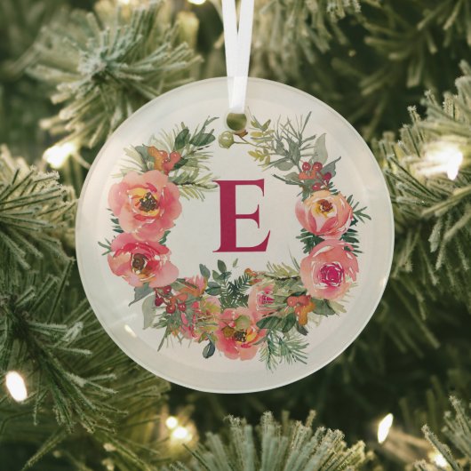Roze Krans Rood Monogram Botanische Kerst Glas Ornament (Insitu)