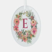 Roze Krans Rood Monogram Botanische Kerst Glas Ornament (Voorkant links)