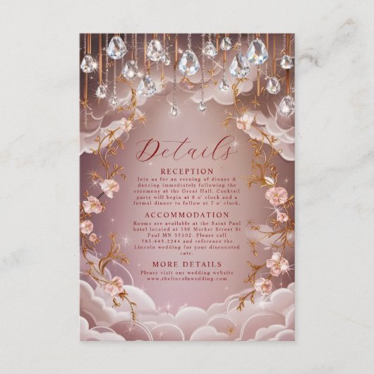 Roze kristal Drops weelderige bloemenbruiloft Informatiekaartje (Voorkant)