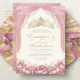 Roze Kroon Bloemen Quinceanera Kaart