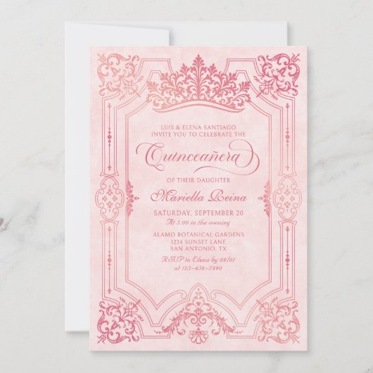 Roze Kroon Tiara Elegant Quinceanera Kaart (Voorkant)