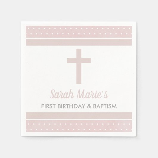 Roze Kruis Baby Meisje Eerste Verjaardag Doop Servet (Voorkant)