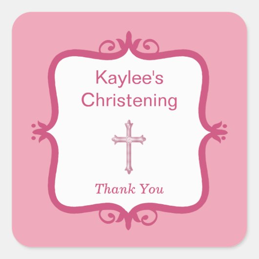 Roze Kruis Doop Vierkante Sticker (Voorkant)